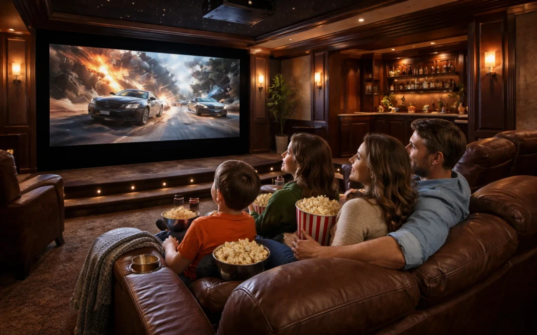 Family movie night in a cozy theater